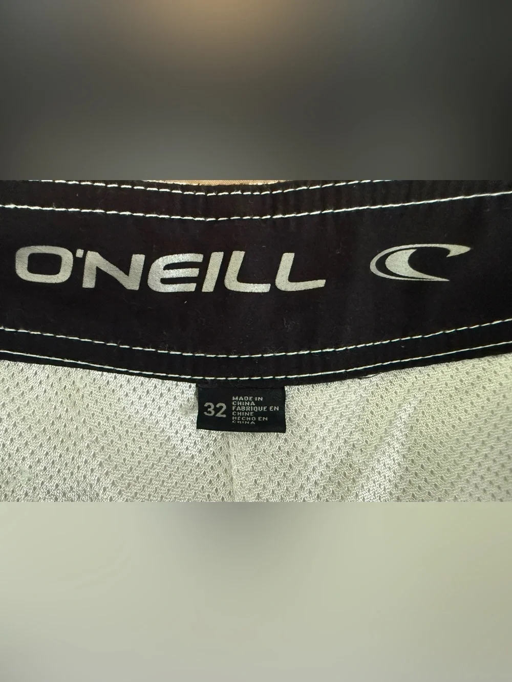 O'Neill Men’s White Plaid Swim Board Shorts with Gray, Black and Light Blue